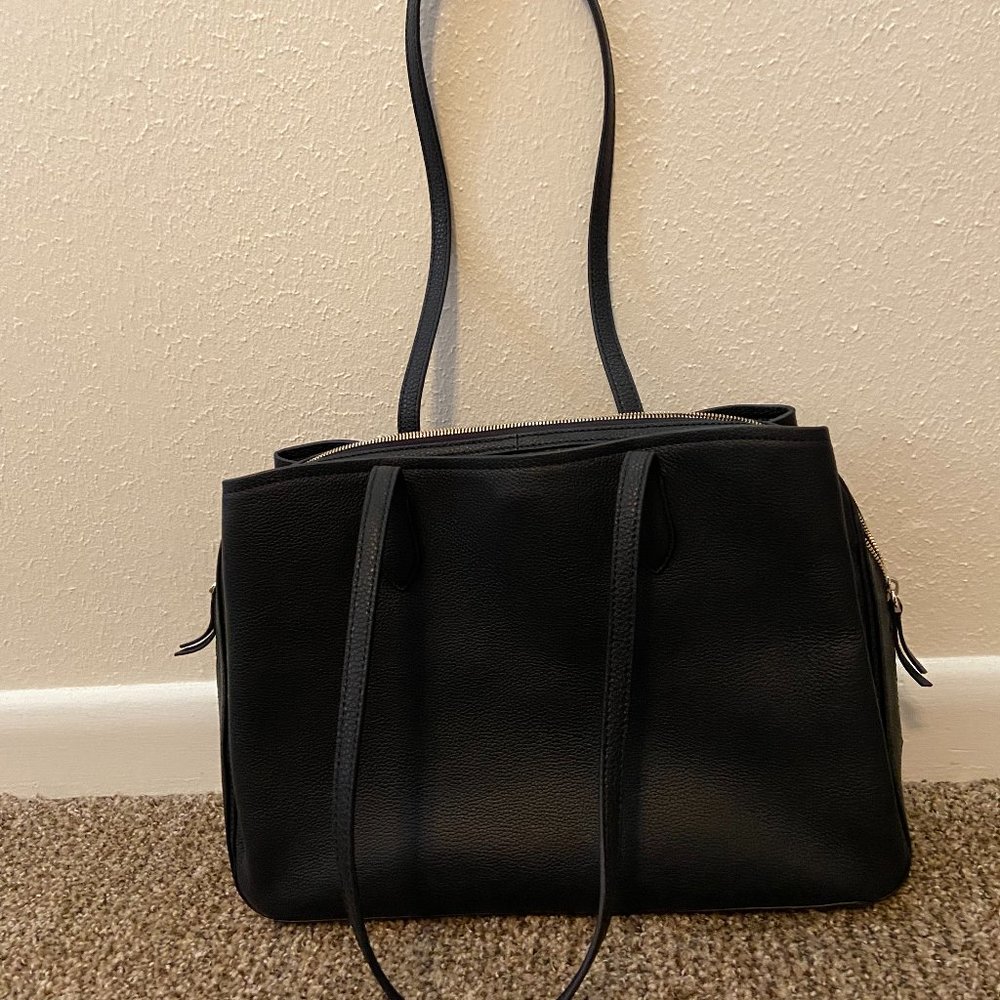 Quince Black Italian Leather Triple Compartment Work Tote